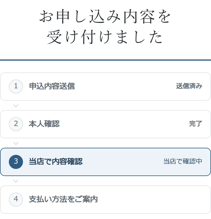 本人確認完了と当店で内容確認中の画面